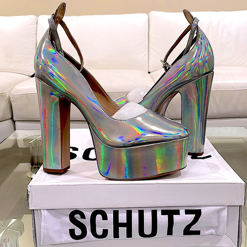 NWT SCHUTZ hologram iridescent sky high leather silver platforms new in box 9.5